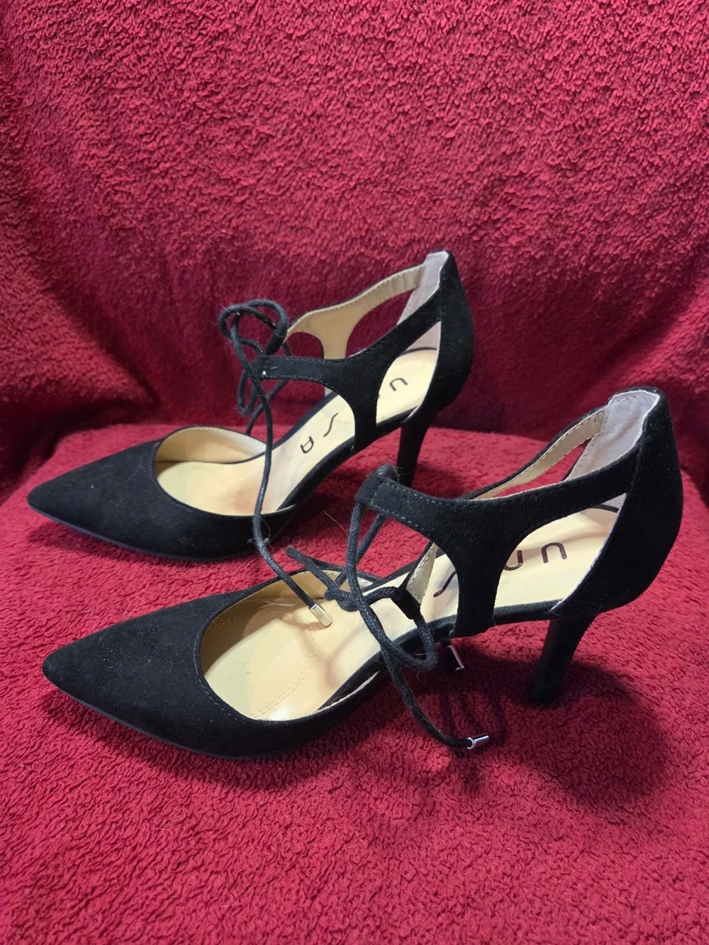 Unisa Black Suede Slingback Pointed Toe Lace-Up Heels